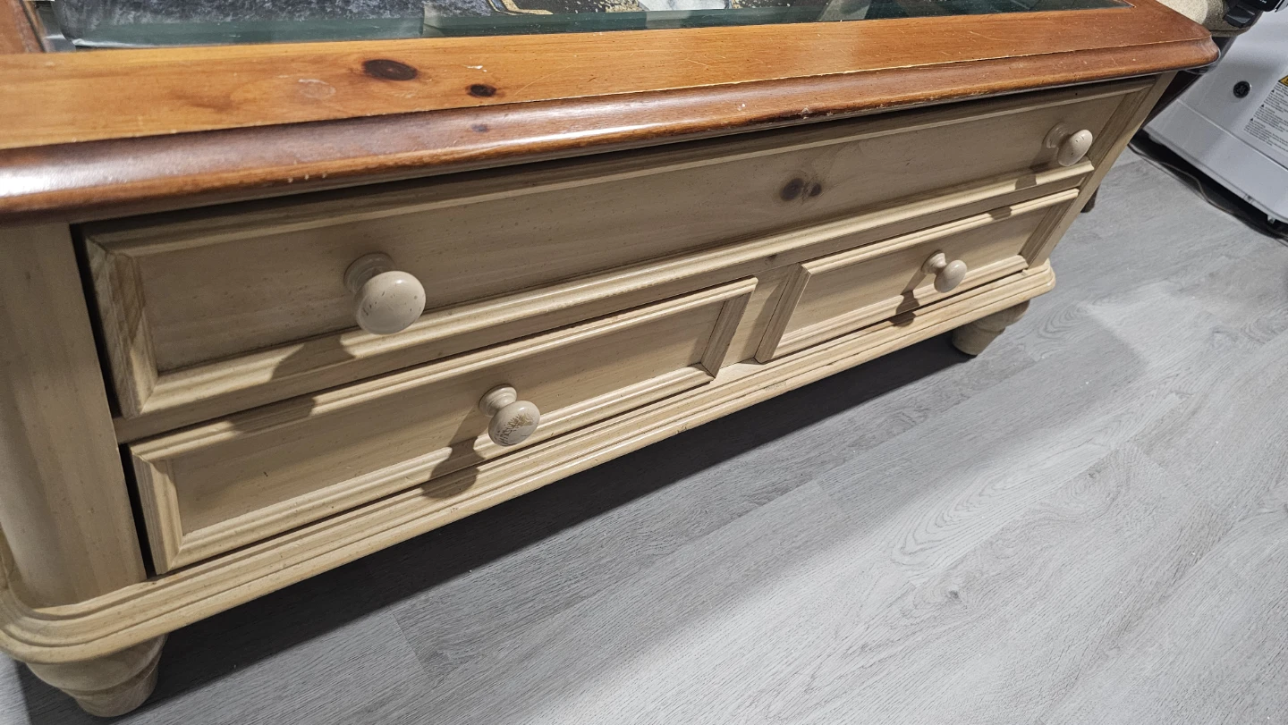 Vintage Wood Coffee Table with Glass Top and Drawers - photo 2