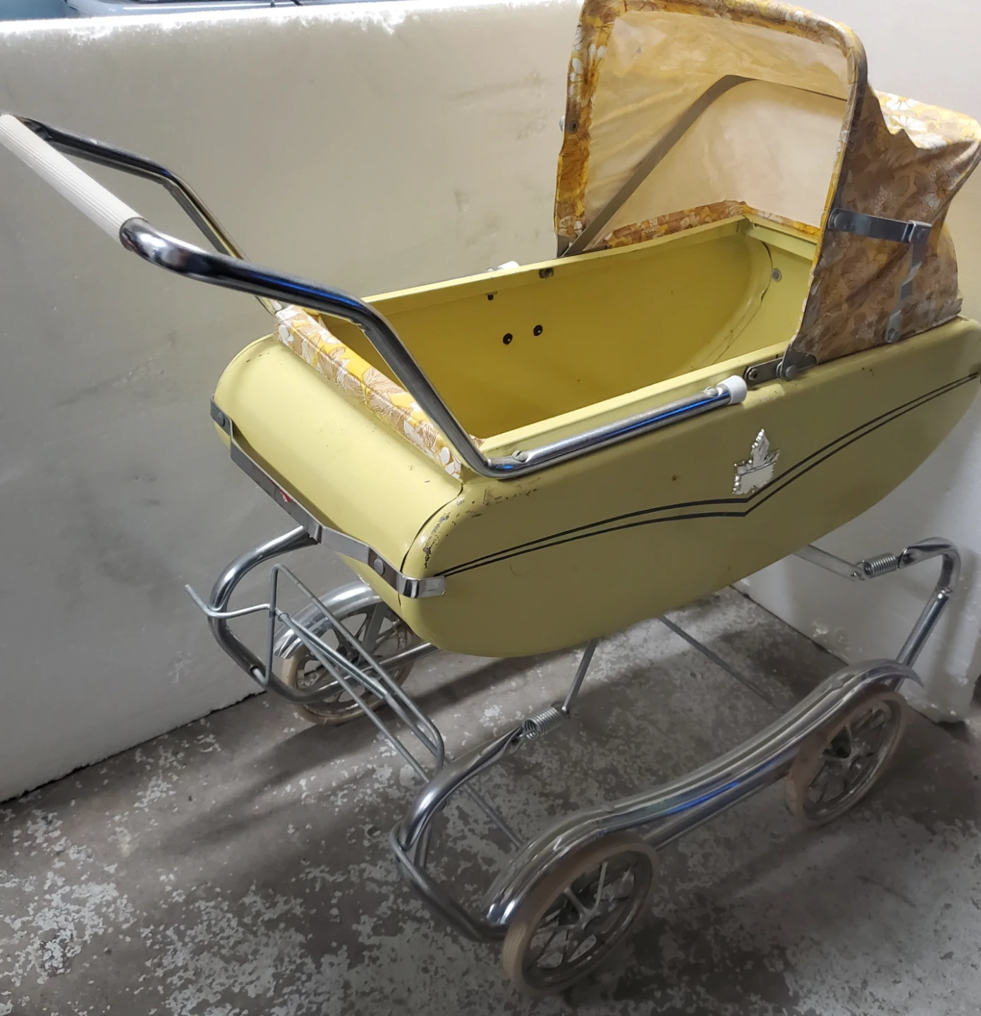 Vintage Yellow Floral Doll Pram Stroller