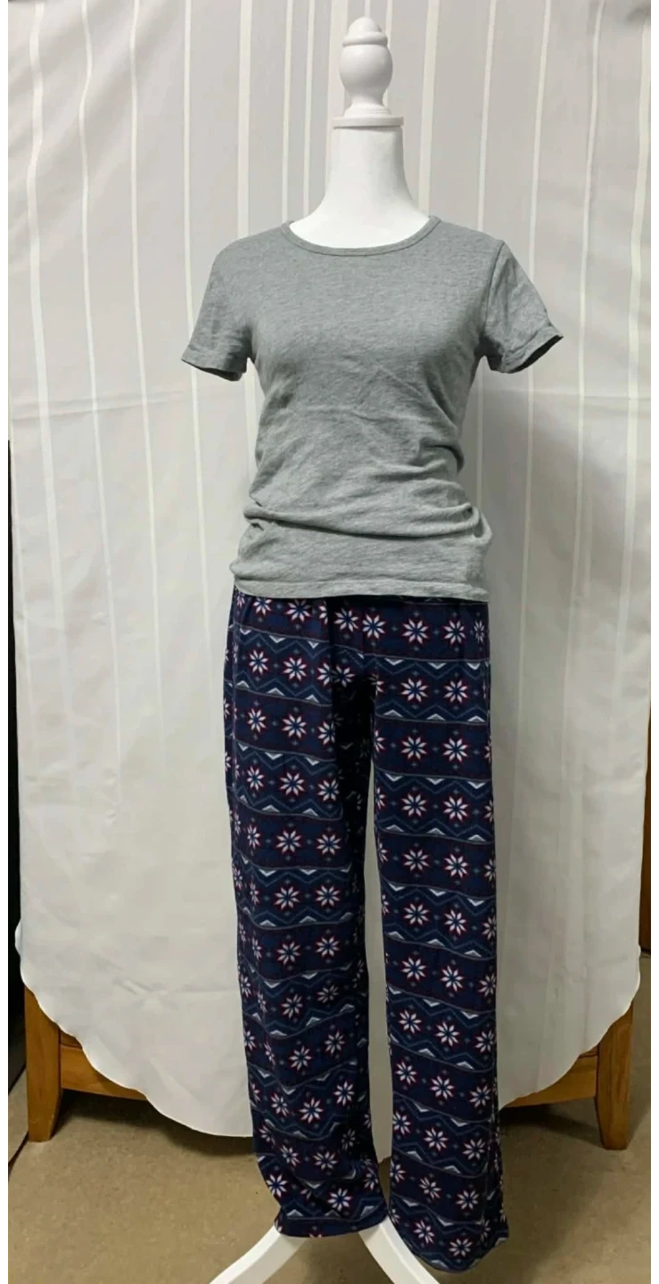 Blue patterned fleece pajama pants