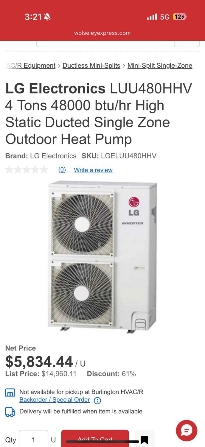 LG Electronics LUU480HHV 4 Tons 48000 BTU Outdoor Heat Pump