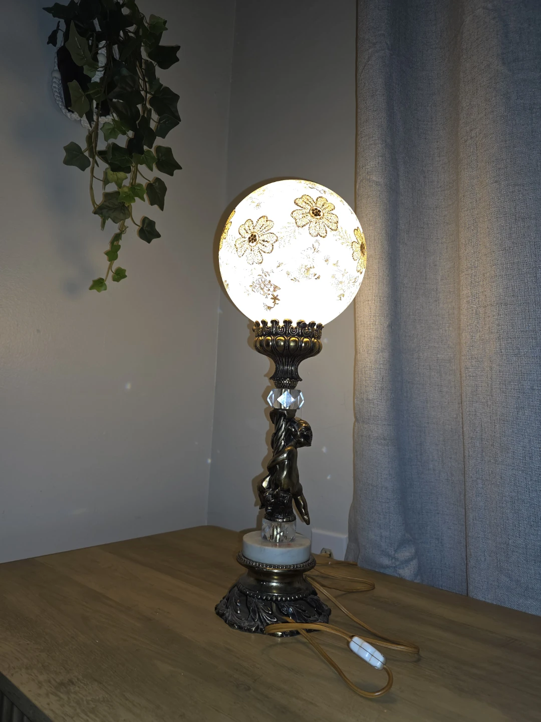 Vintage Floral Ball Lamp with Cherub Figurine