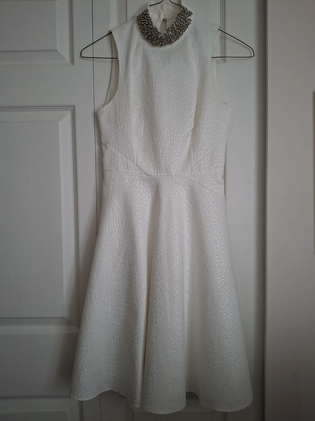 White Textured Beaded Collar Dress