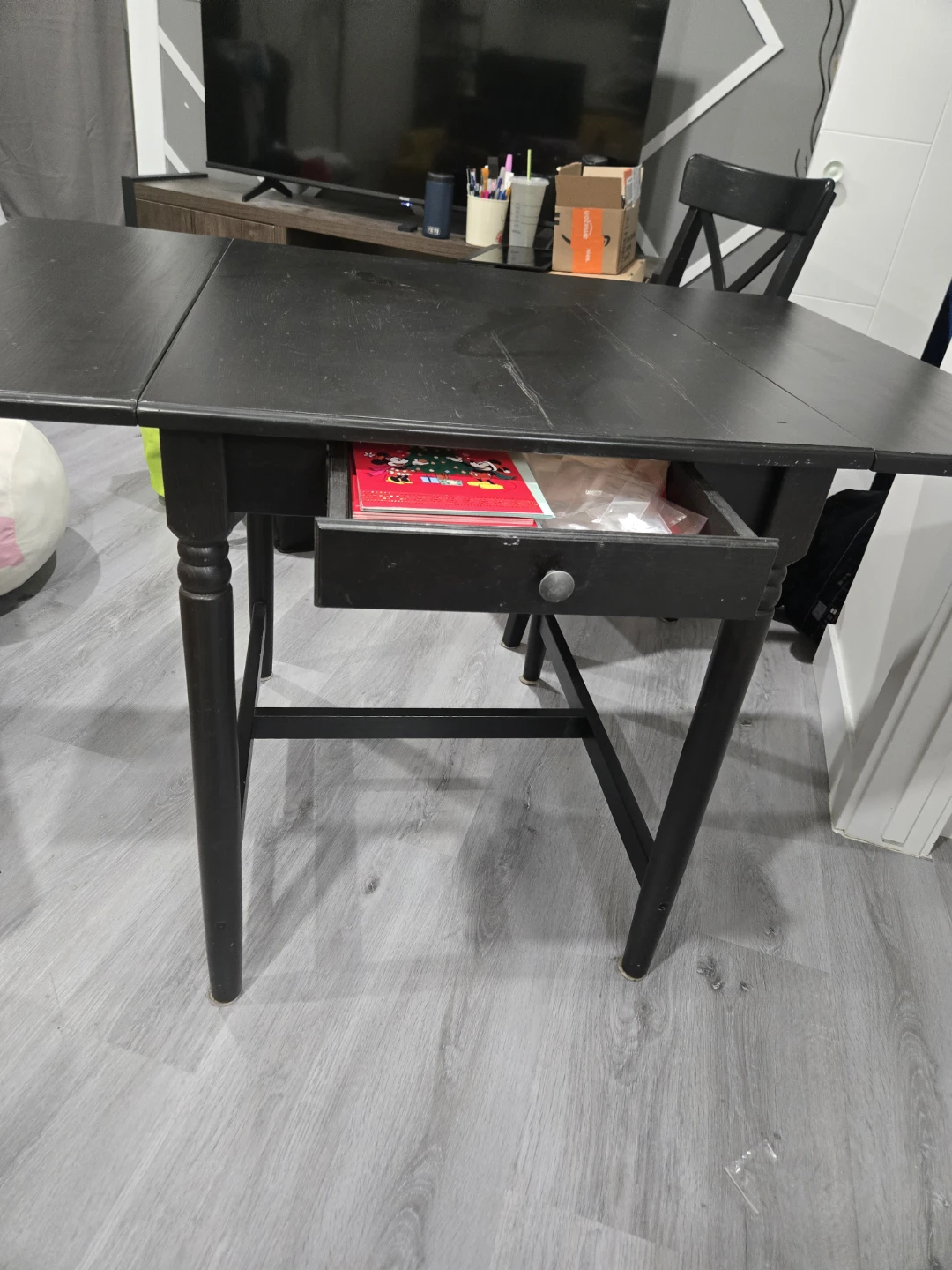 Black Wooden Drop-Leaf Table with Drawer - photo 3