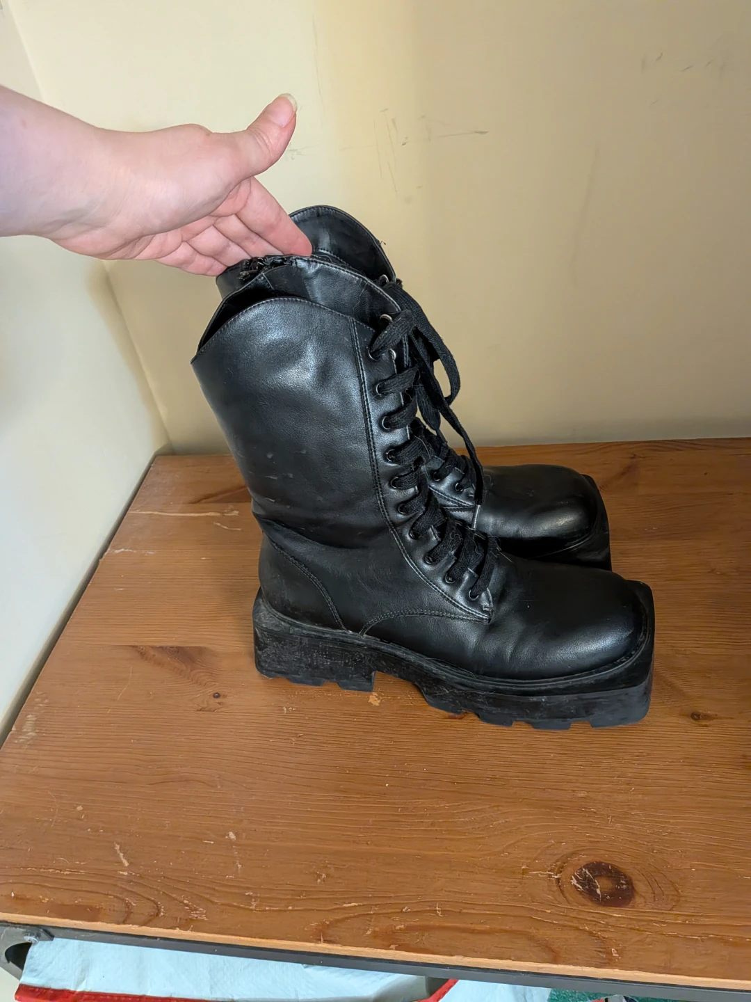 Black Faux Leather Lace-Up Boots