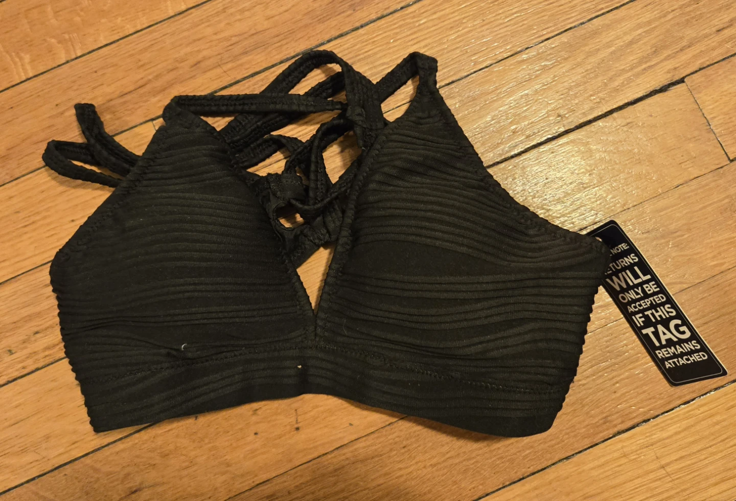 Black Textured Bikini Top with Tie Straps