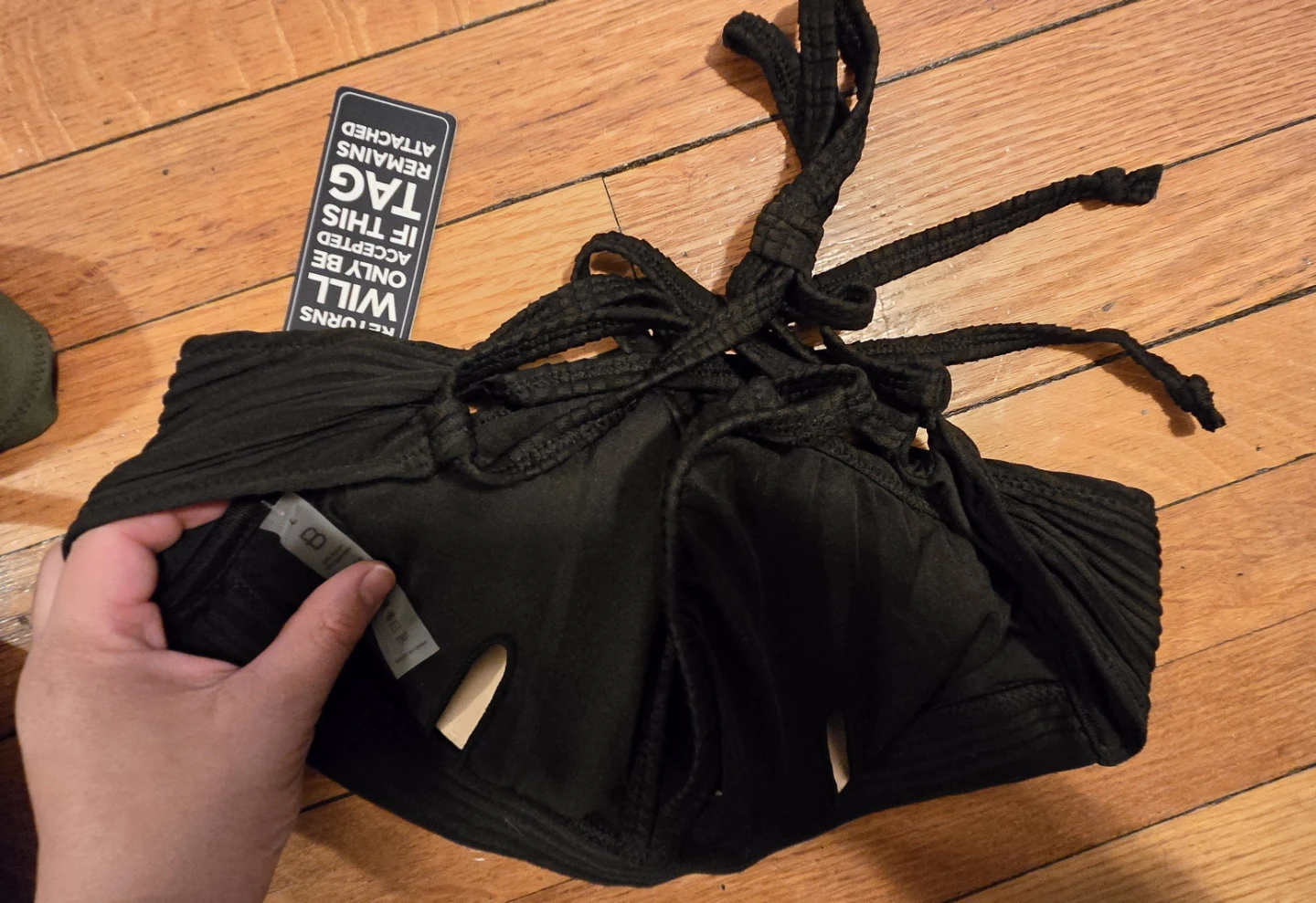 Black Textured Bikini Top with Tie Straps - photo 2