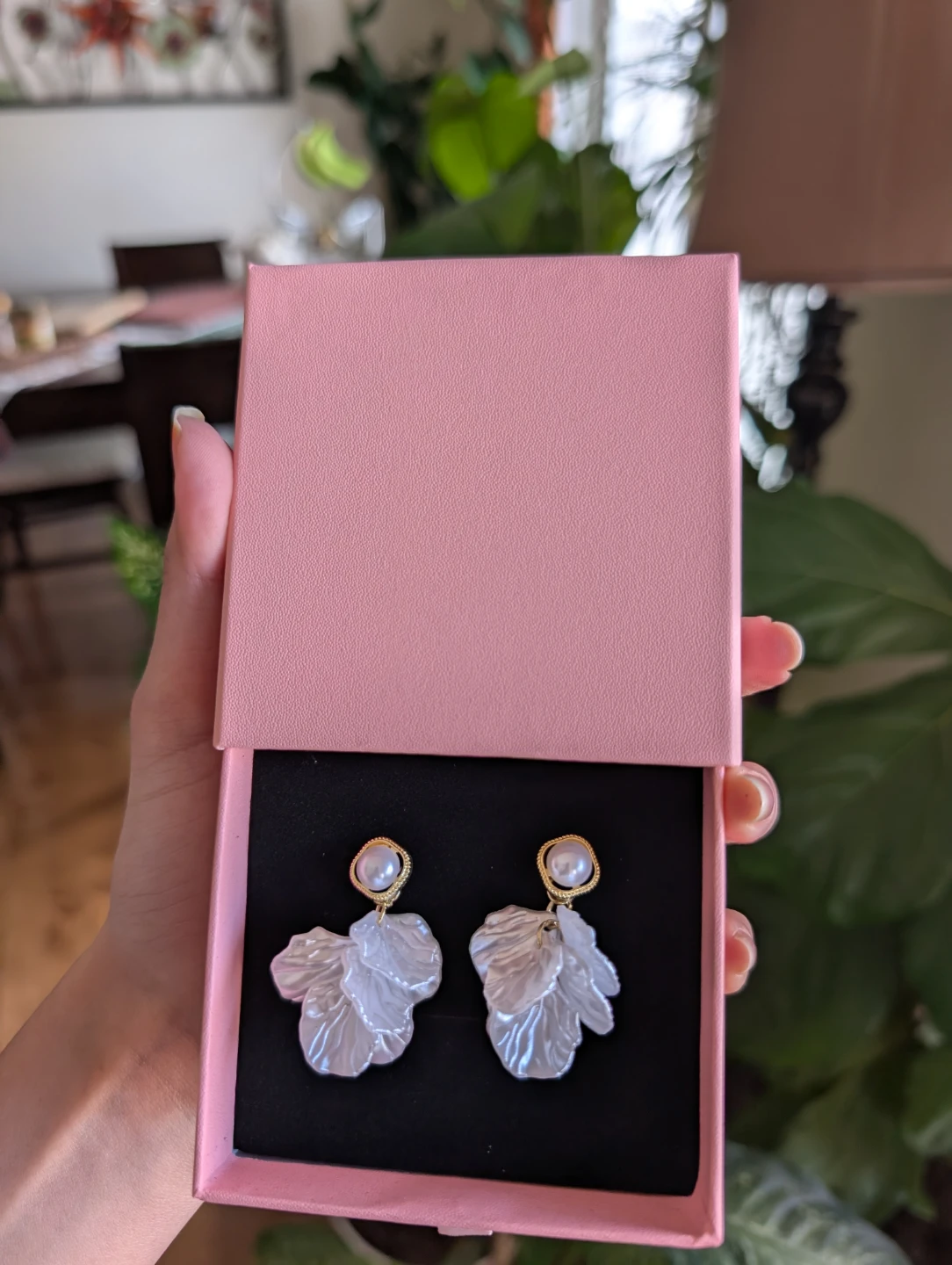 Nush Pearl and Petal Drop Earrings with Pink Gift Box
