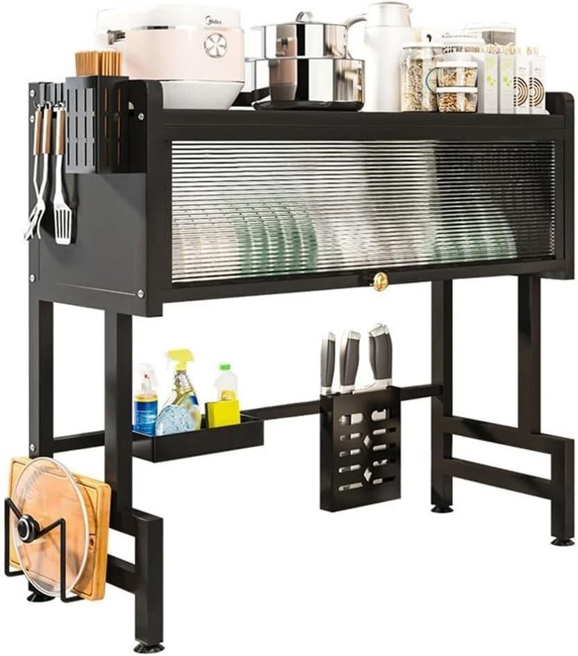 Black Kitchen Countertop Shelf with Dish Rack and Utensil Holder
