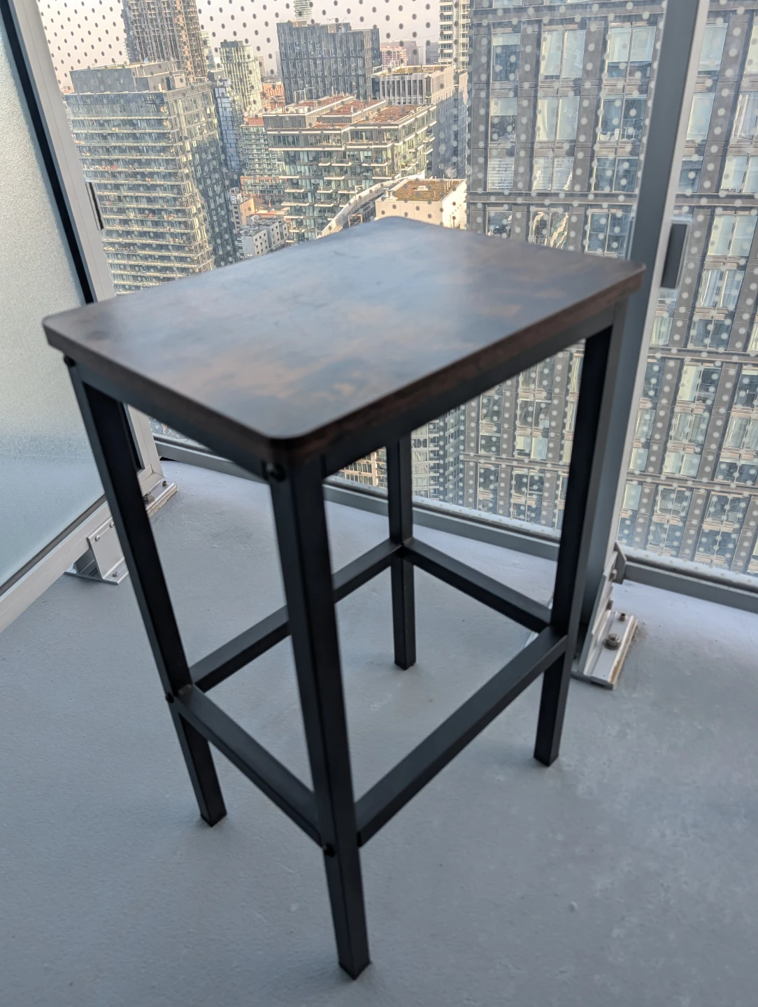 Industrial Style Bar Stool with Dark Wood Seat