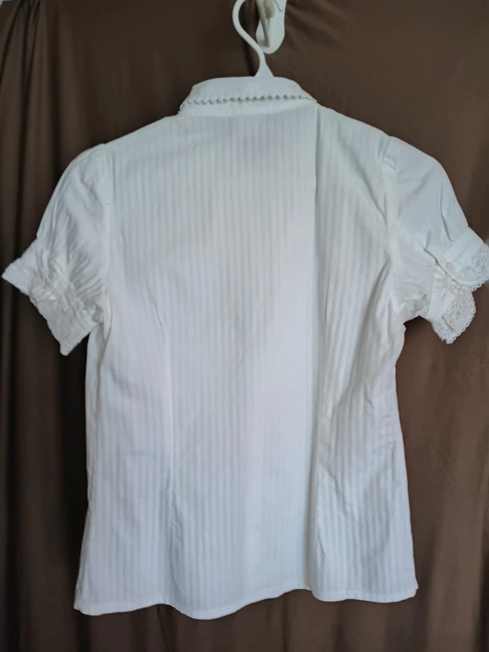 White Short Sleeve Cotton Blouse with Lace Detail - photo 3