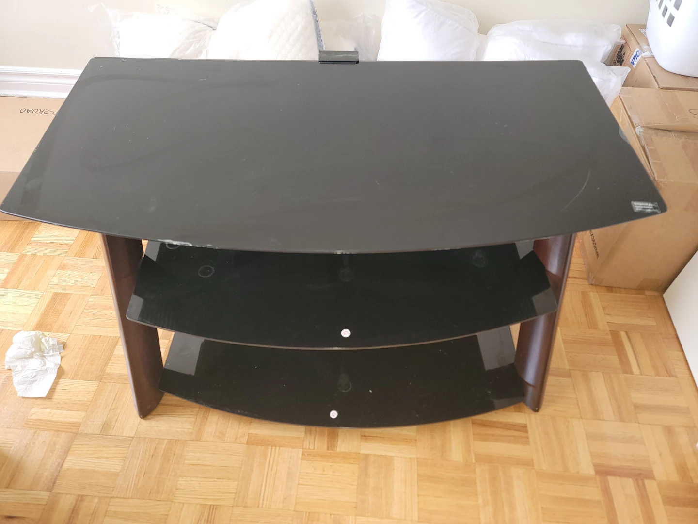 3-Tier Black Glass TV Stand with Wood Accents - photo 2