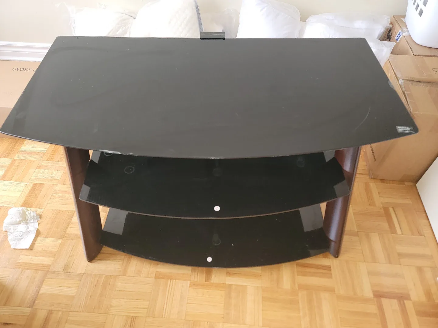3-Tier Black Glass TV Stand with Wood Accents - photo 2