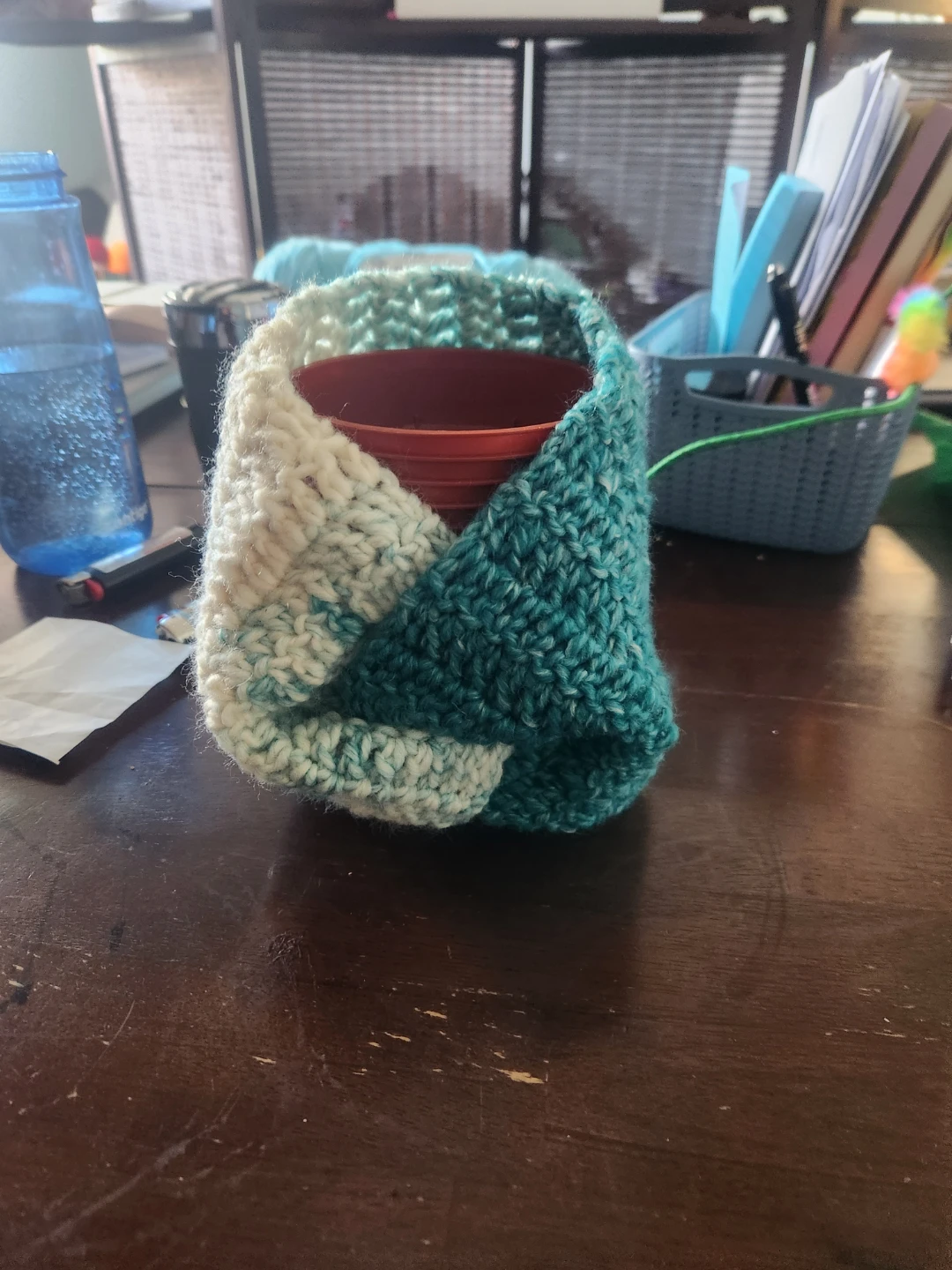 Crocheted twist headband / ear warmer - Teal & Cream - photo 2