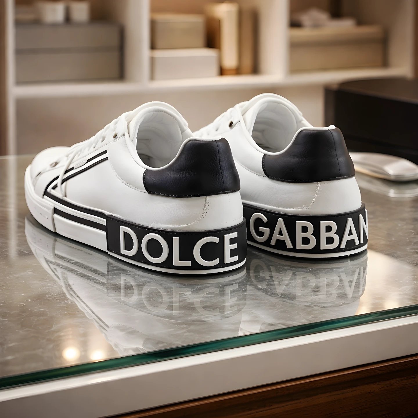 Dolce & Gabbana Men's White & Black Leather Low Top Sneakers - photo 2
