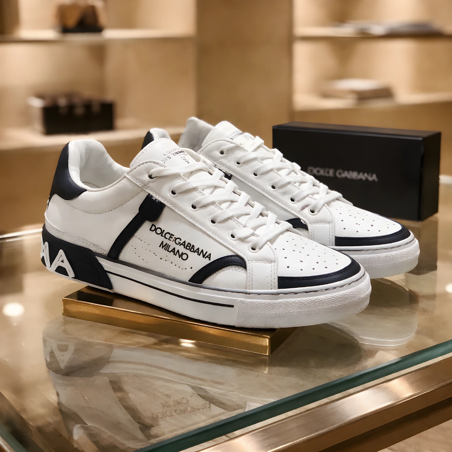 Dolce & Gabbana Men's White & Black Leather Low Top Sneakers - photo 3