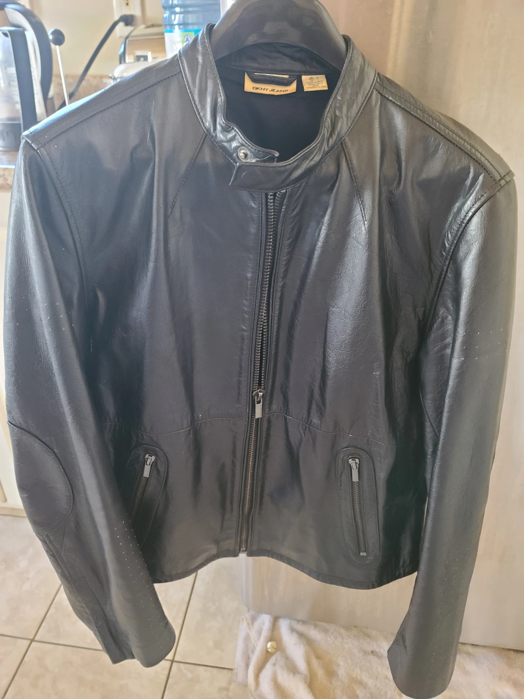 DKNY Jeans Black Leather Jacket - Size L
