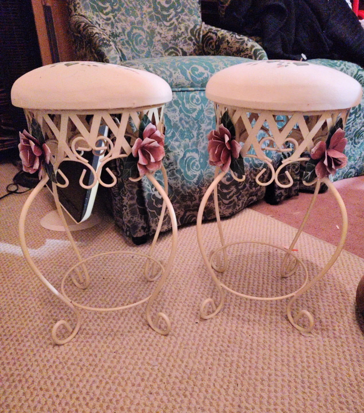2 Cream Vintage-Look Shabby Chic Floral Accent Stools