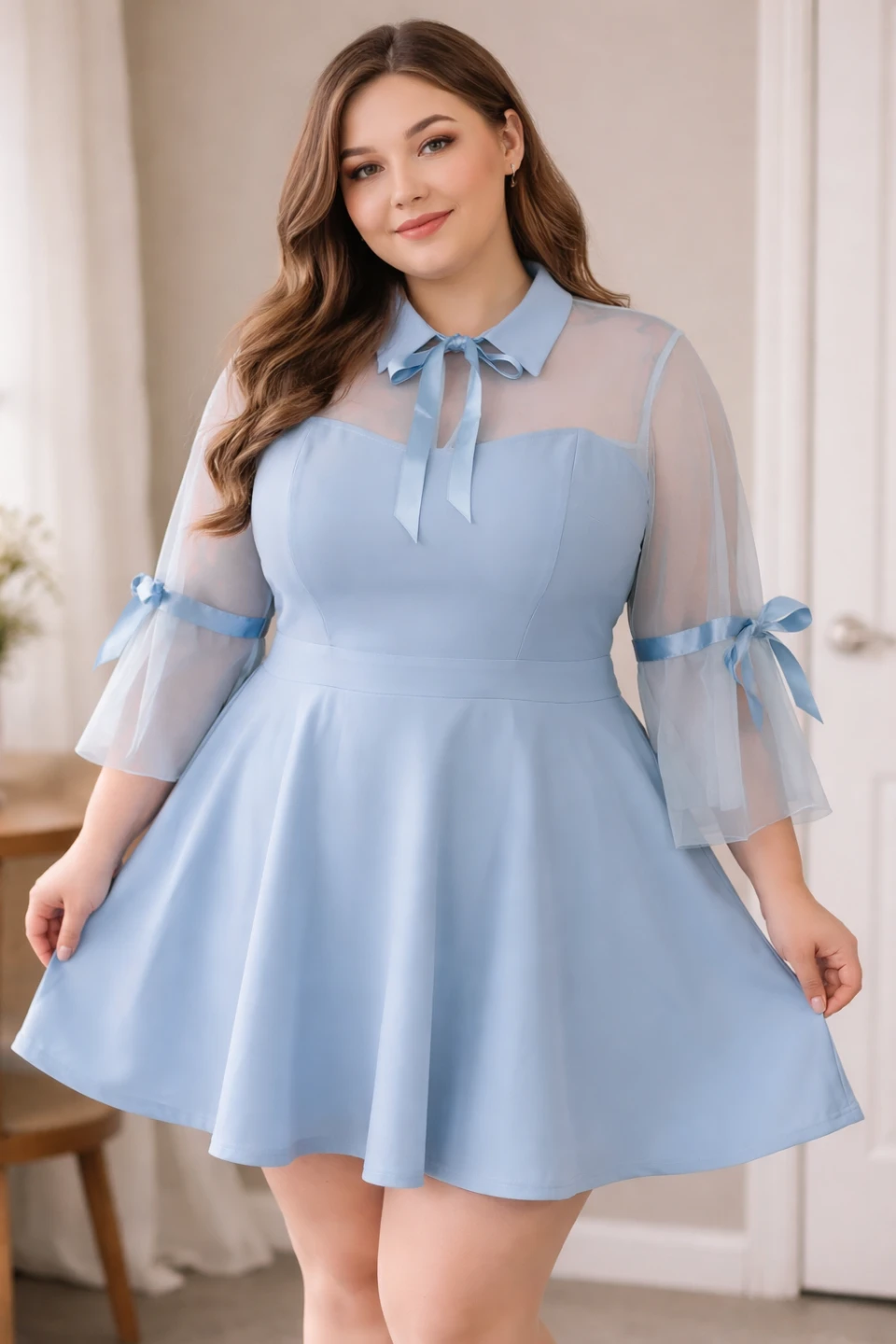 Light Blue Sheer Sleeve Dress with Bows