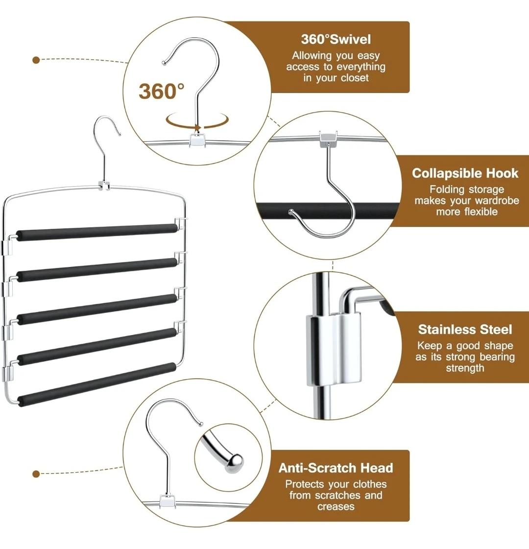3 Pack 5-Layer Pants Hangers - Space Saving Closet Organizer 🌱 - photo 3