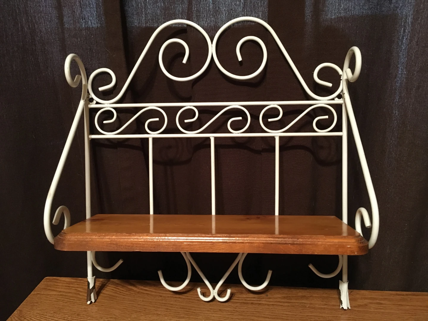Vintage Farmhouse Cottage White Scroll Metal & Wood Wall Shelf