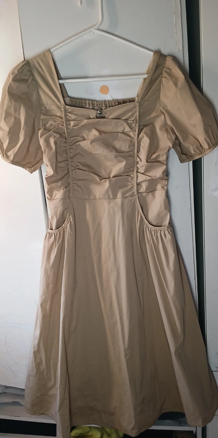 Women's Beige Puff Sleeve Square Neck Dress with Pockets