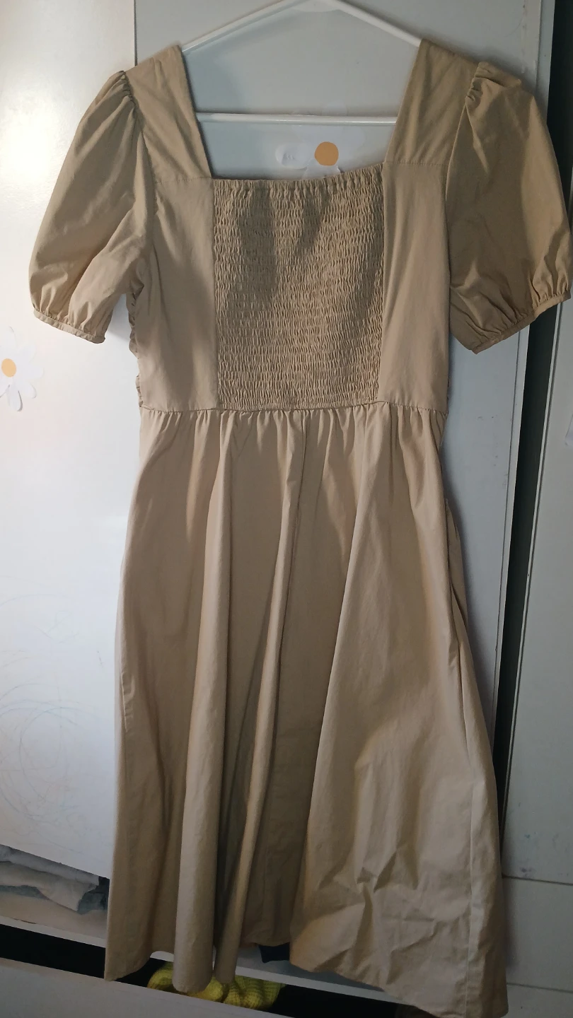 Women's Beige Puff Sleeve Square Neck Dress with Pockets - photo 5