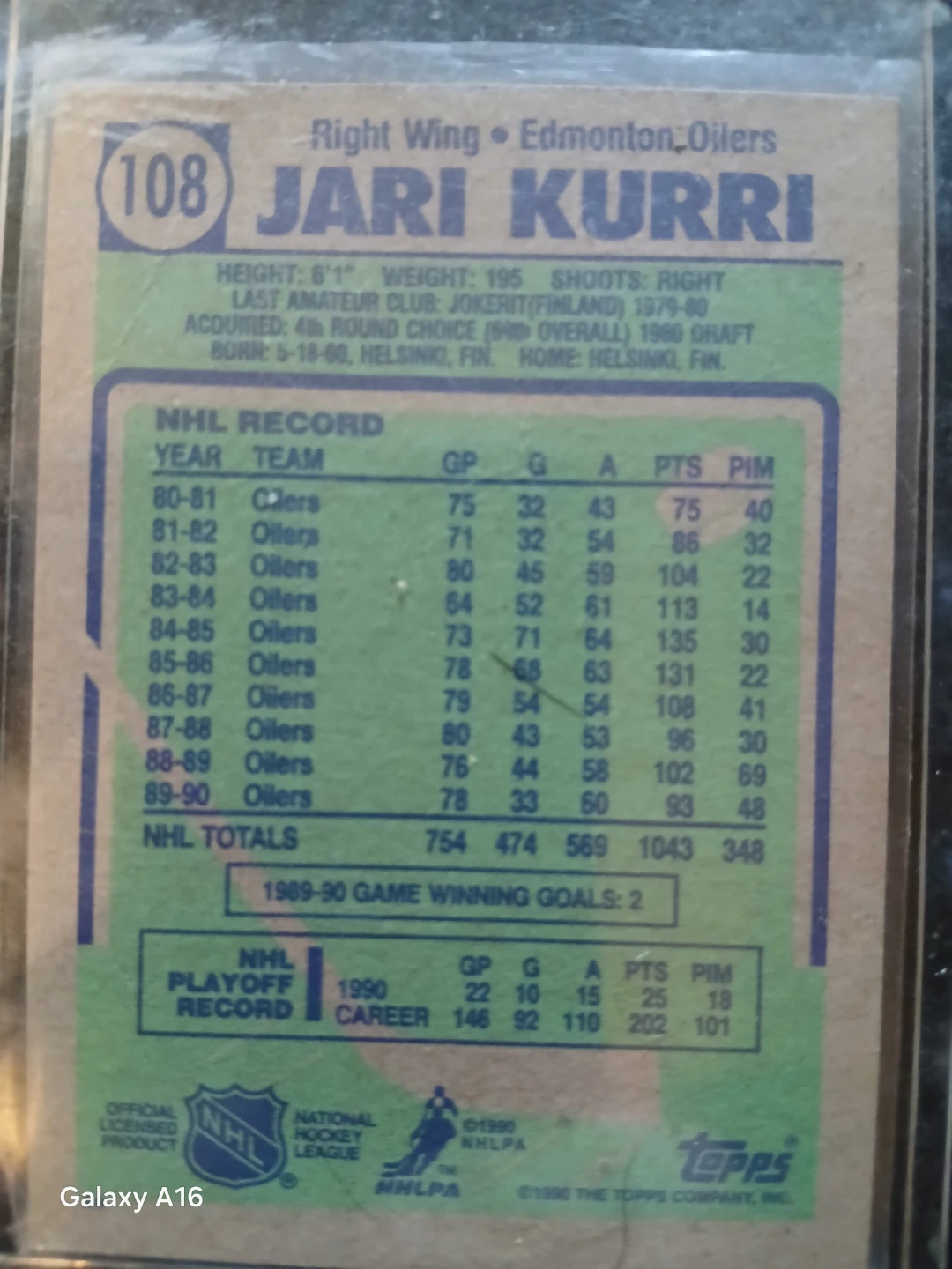 1989-90 Topps Jari Kurri Edmonton Oilers Hockey Card - photo 2