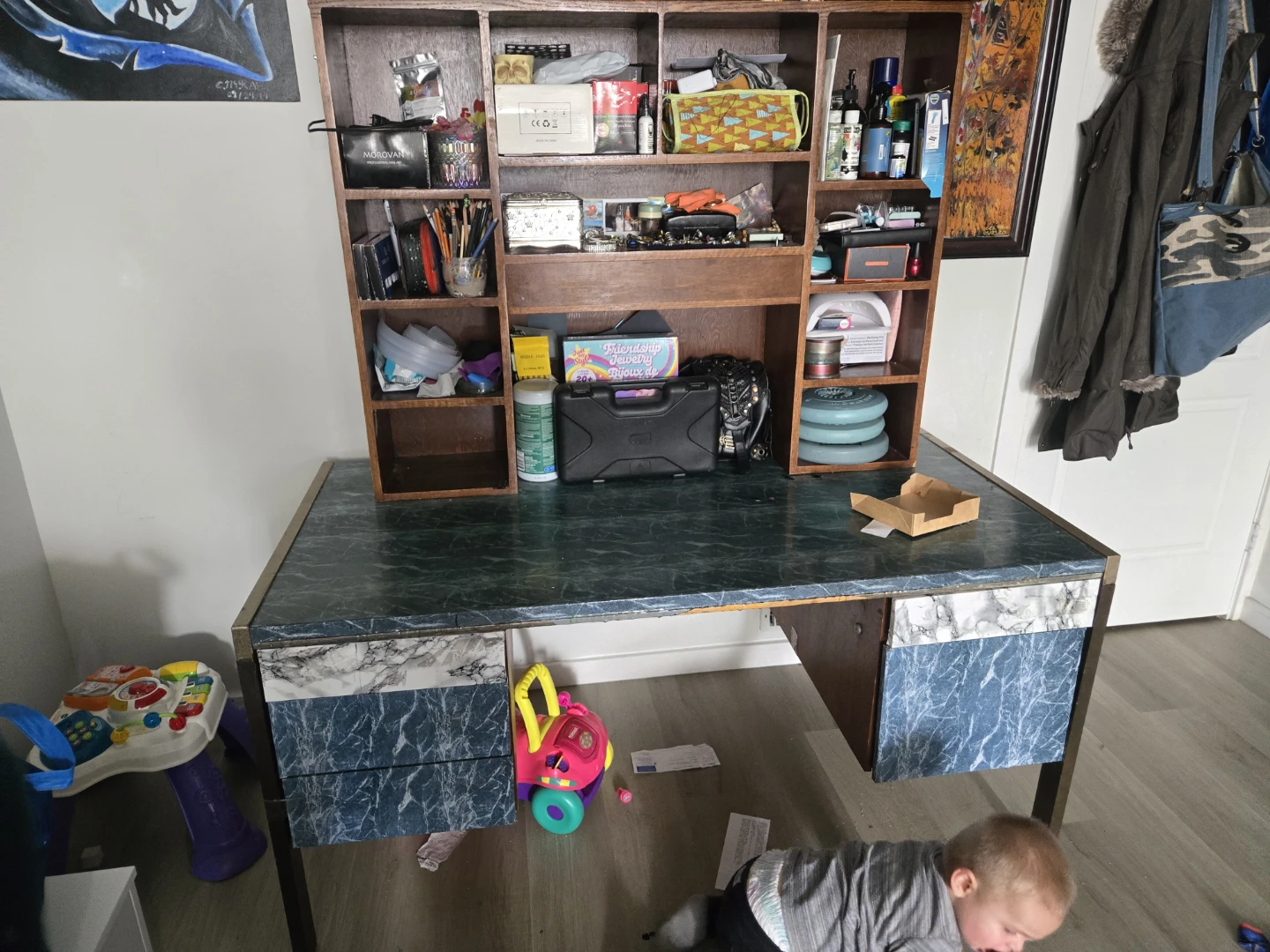 Vintage Wood Desk with Hutch and Marble Top