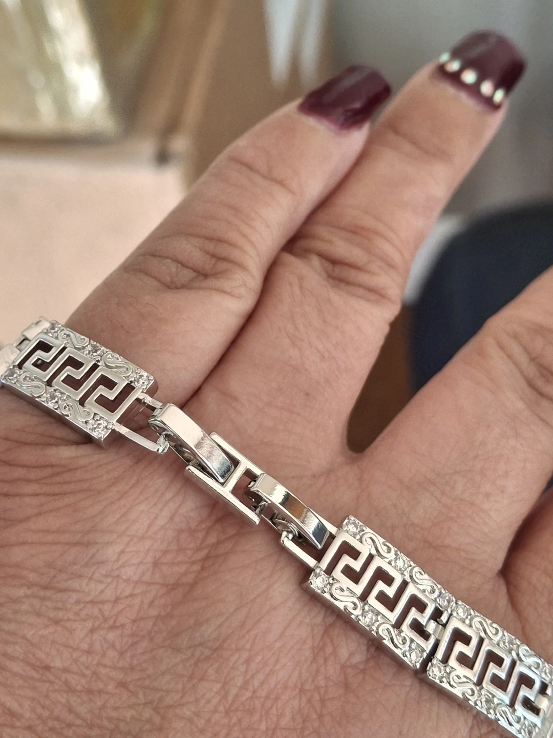 Silver Tone Bracelet with Greek Key Design and Rhinestones - photo 2
