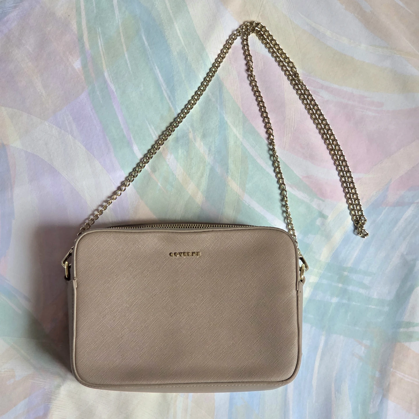 Beige Crossbody Bag with Gold Chain Strap