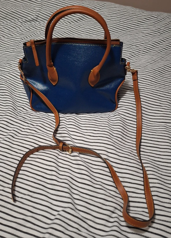 Blue and Tan Satchel Handbag