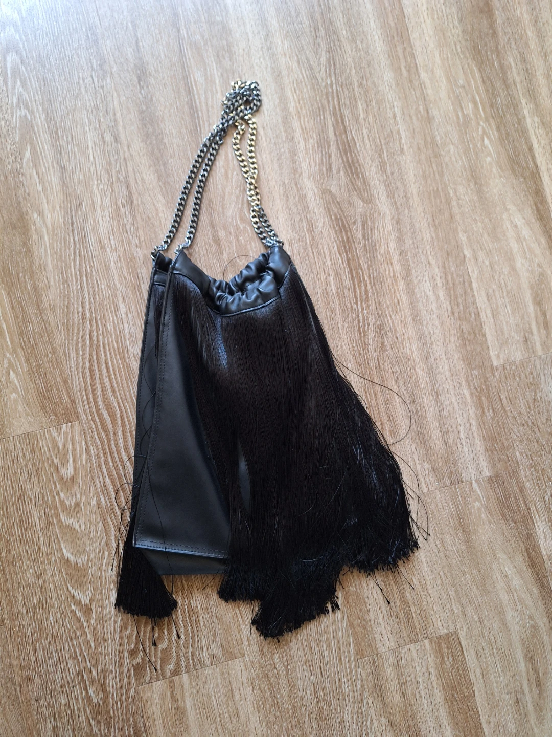 Black Faux Leather Shoulder Bag with Fringe and Chain Strap