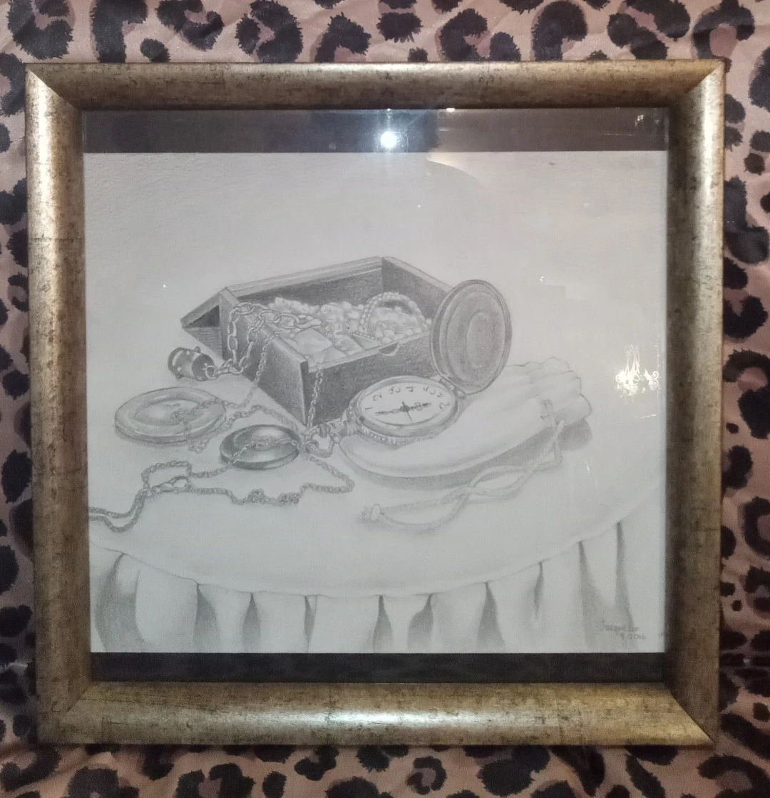 Pencil Drawing of Vintage Treasures in Frame