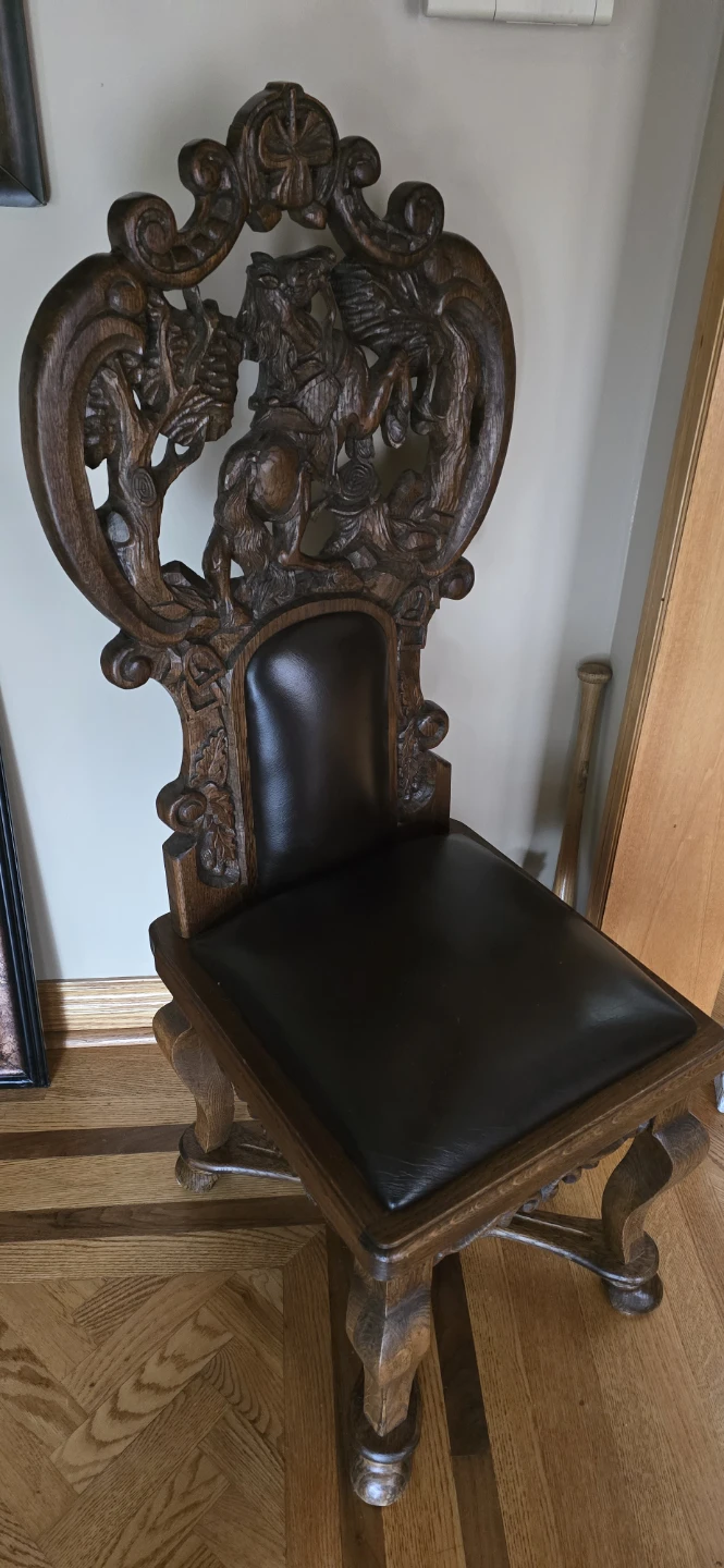 Vintage Carved Wood Custom Art  Chair with Leather Seat - photo 2