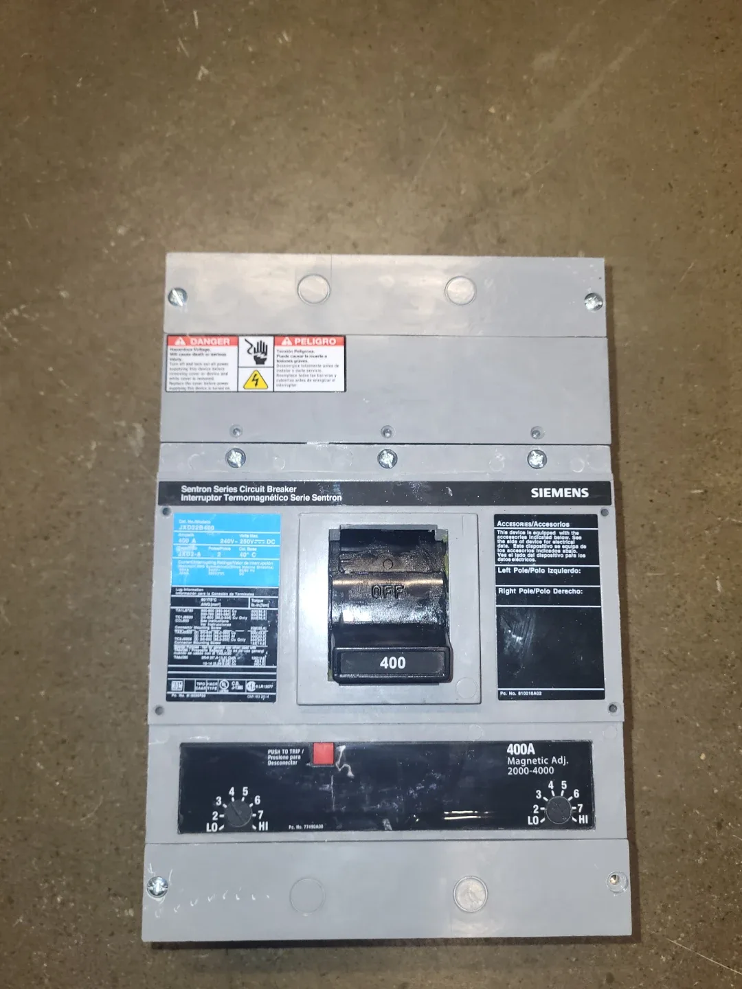 Siemens Sentron Series Circuit Breaker JXD2 400A