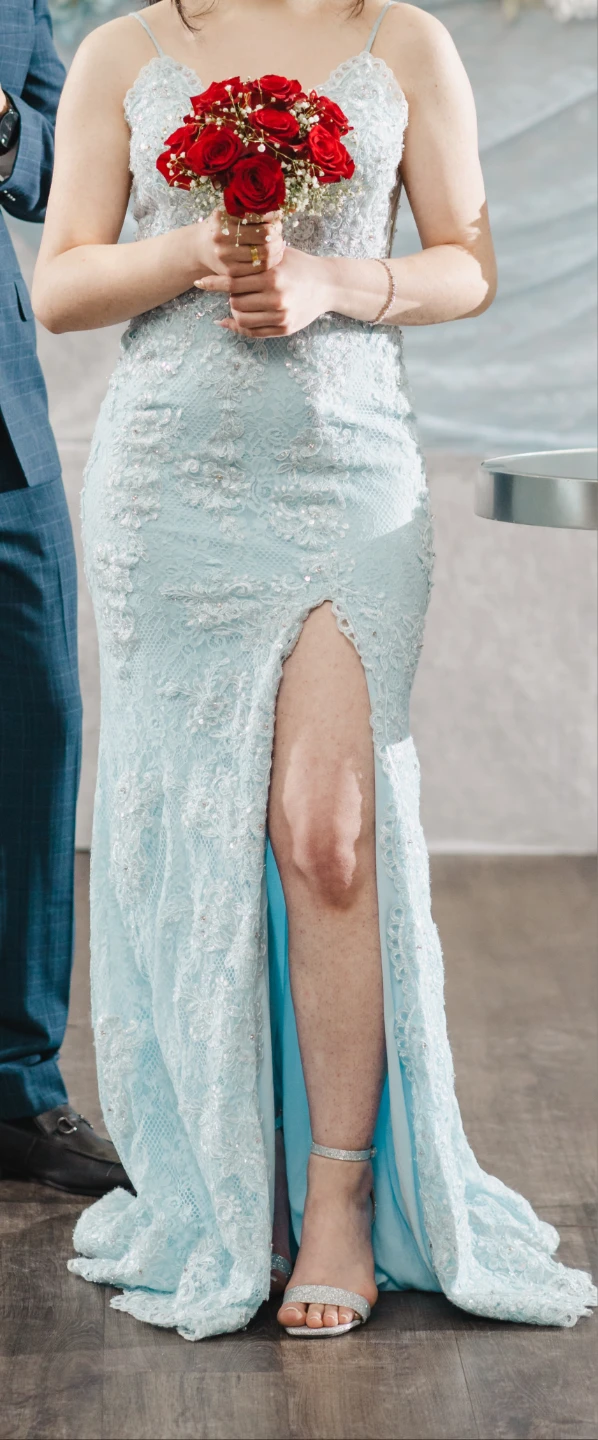 Light Blue Beaded Lace Gown with High Slit - photo 3