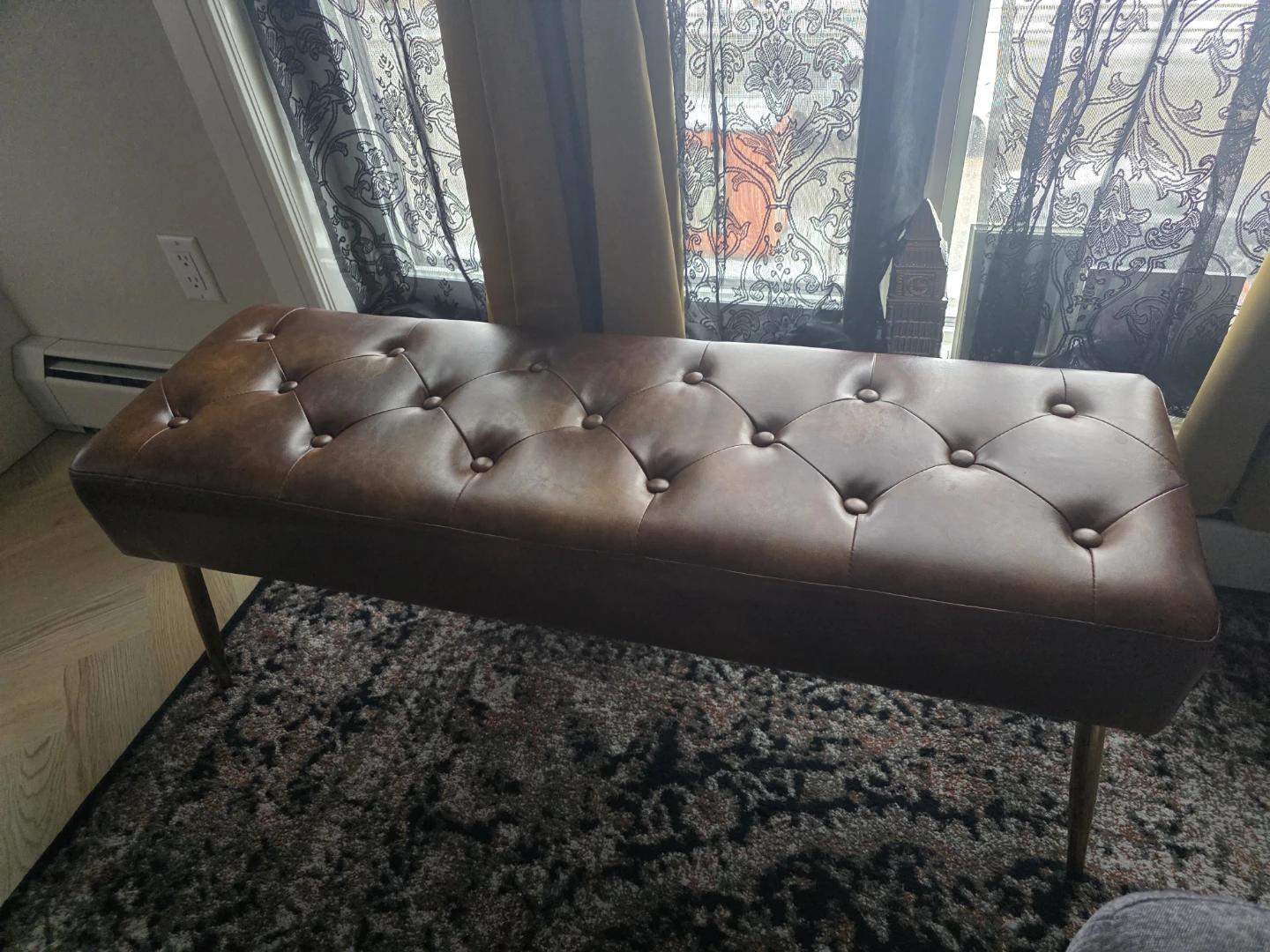 Tufted Faux Leather Bench with Gold Legs