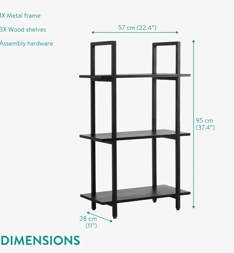 Black 3-Shelf Bookshelf with Metal Frame - photo 2