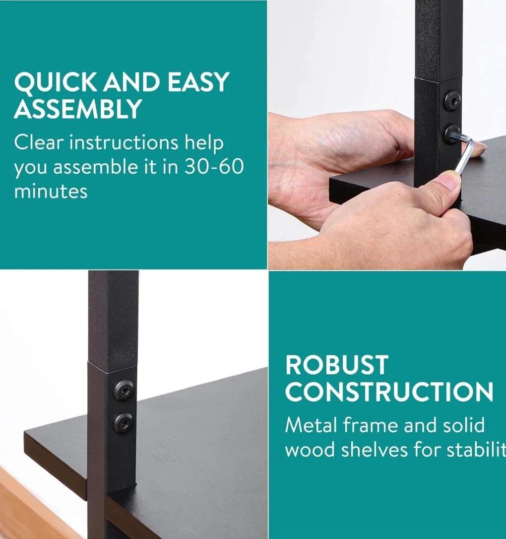 Black 3-Shelf Bookshelf with Metal Frame - photo 5