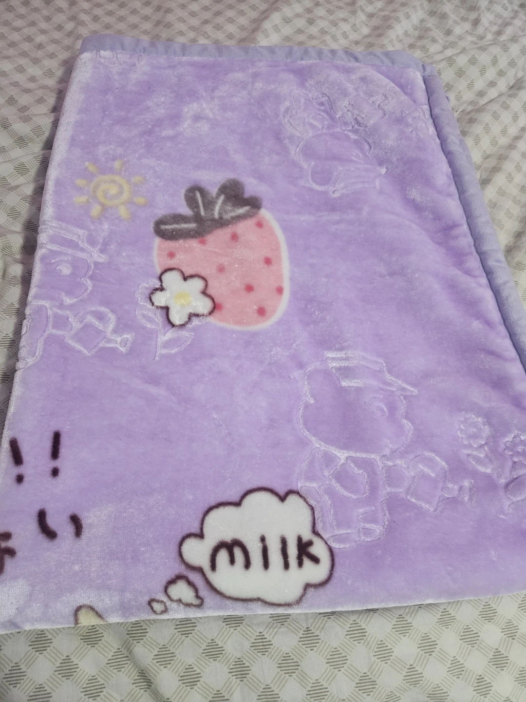 Purple Plush Blanket with Strawberry and Cow Print