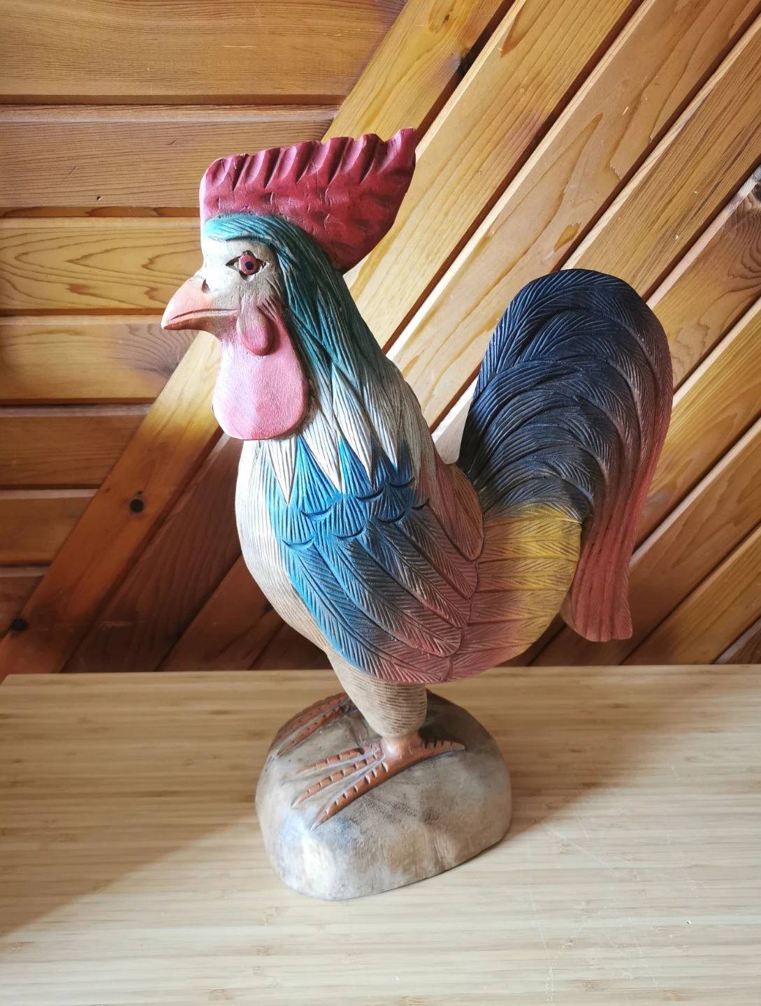 Vintage Hand-Carved Wooden Rooster Sculpture | Folk Art