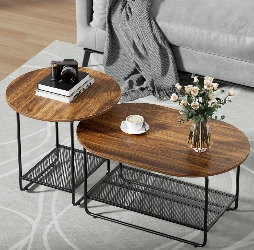 Set of 2 Coffee Tables with Metal Legs - Rustic Wood Finish
