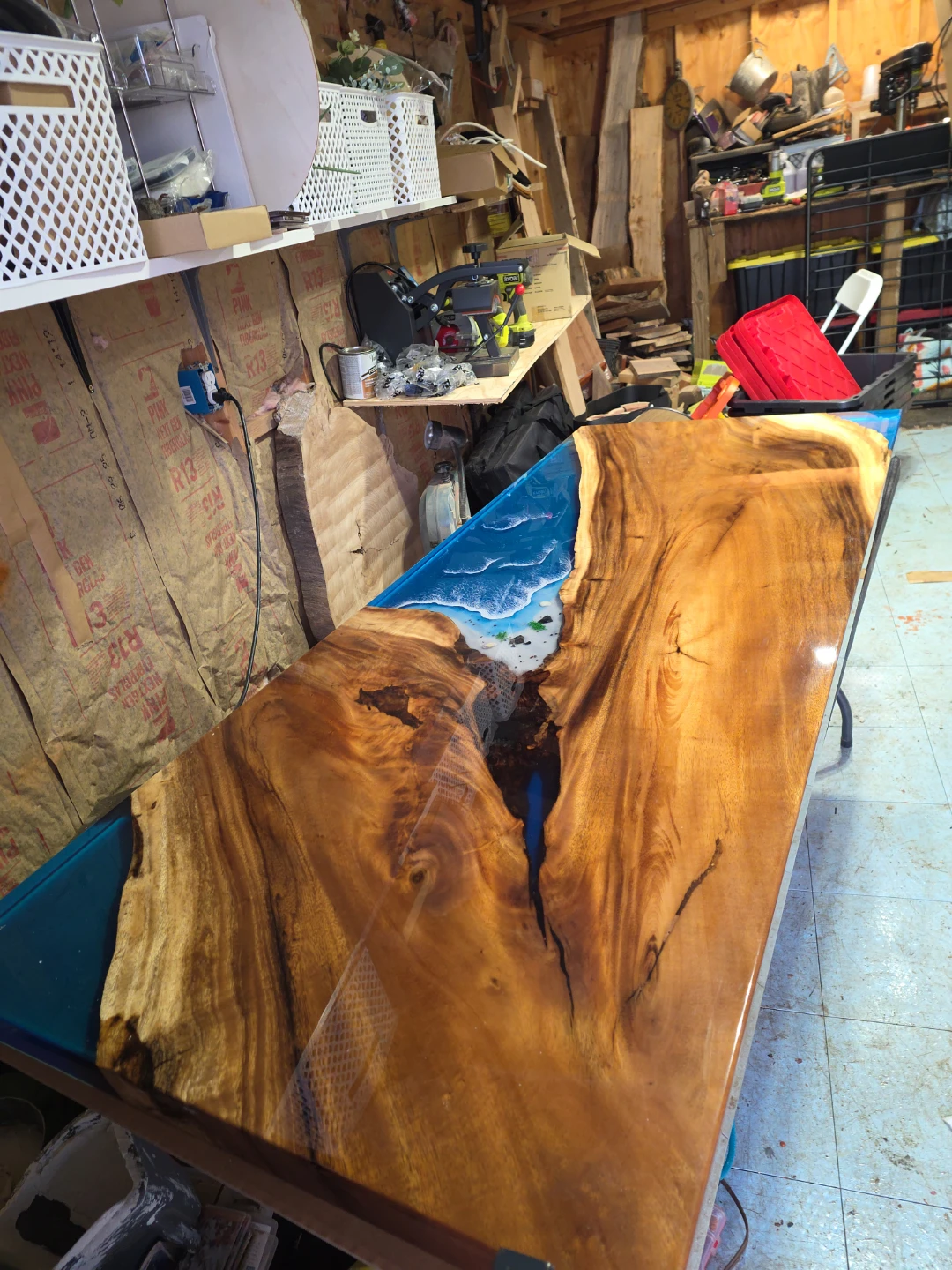 River Table with Live Edge Wood and Ocean Epoxy - photo 2