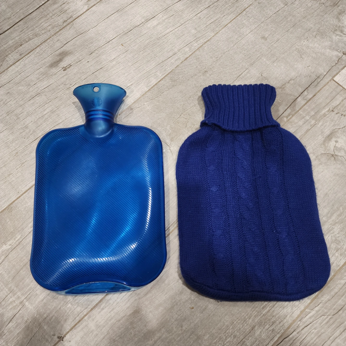 Blue Hot Water Bottle with Knitted Cover