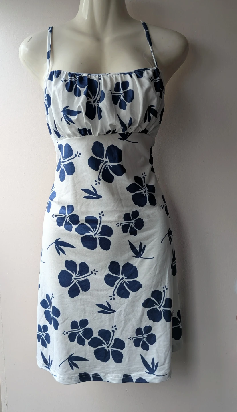 White & Blue Hibiscus Print Sundress