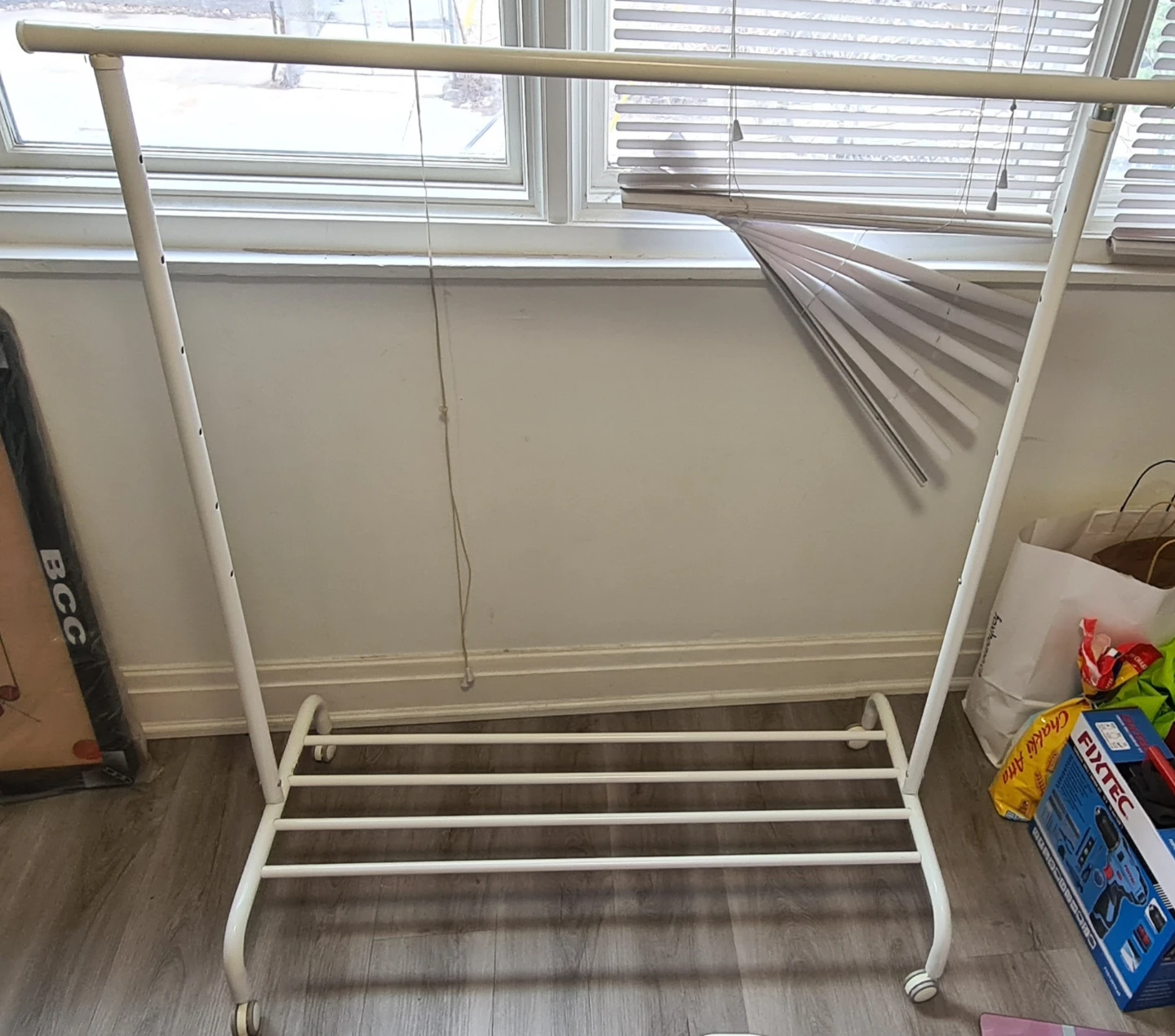 White Rolling Garment Rack with Shelves