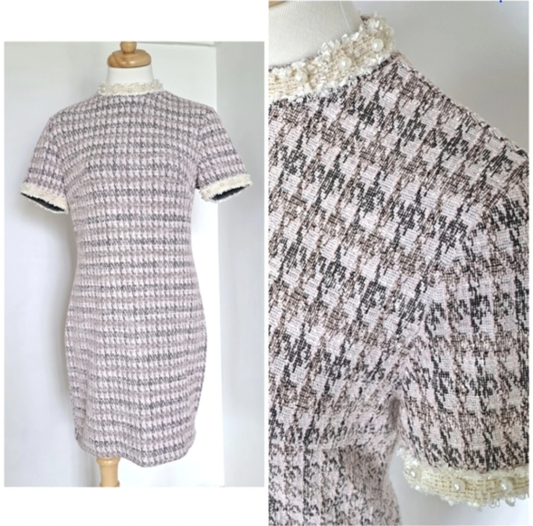 SHEIN Pink Houndstooth Tweed Mini Dress Pearl Lace Trim