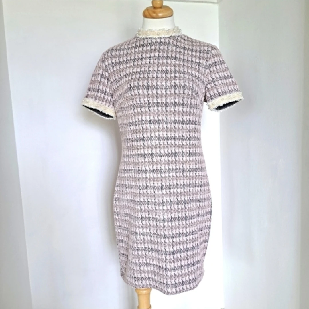 SHEIN Pink Houndstooth Tweed Mini Dress Pearl Lace Trim - photo 2