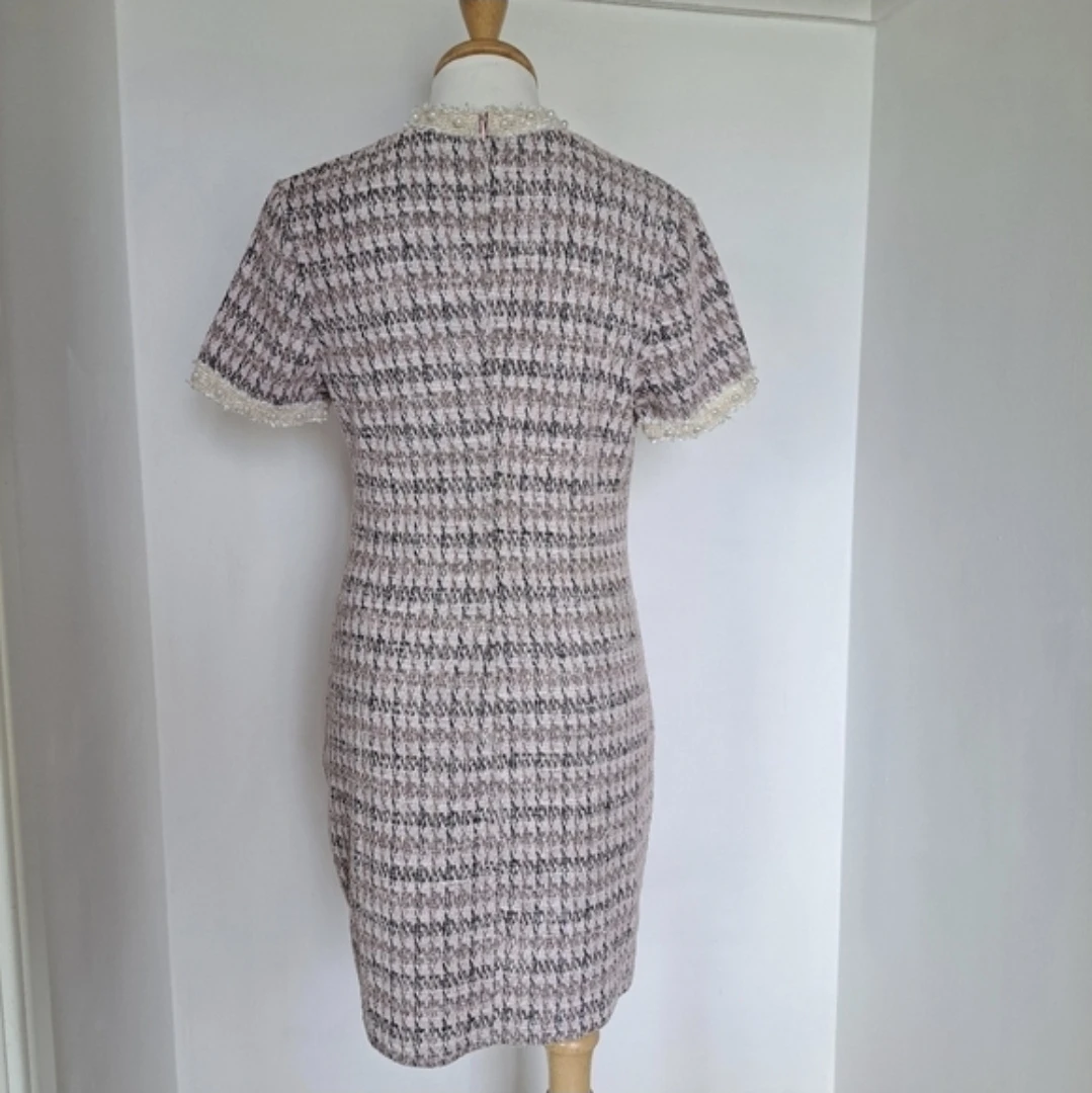 SHEIN Pink Houndstooth Tweed Mini Dress Pearl Lace Trim - photo 4