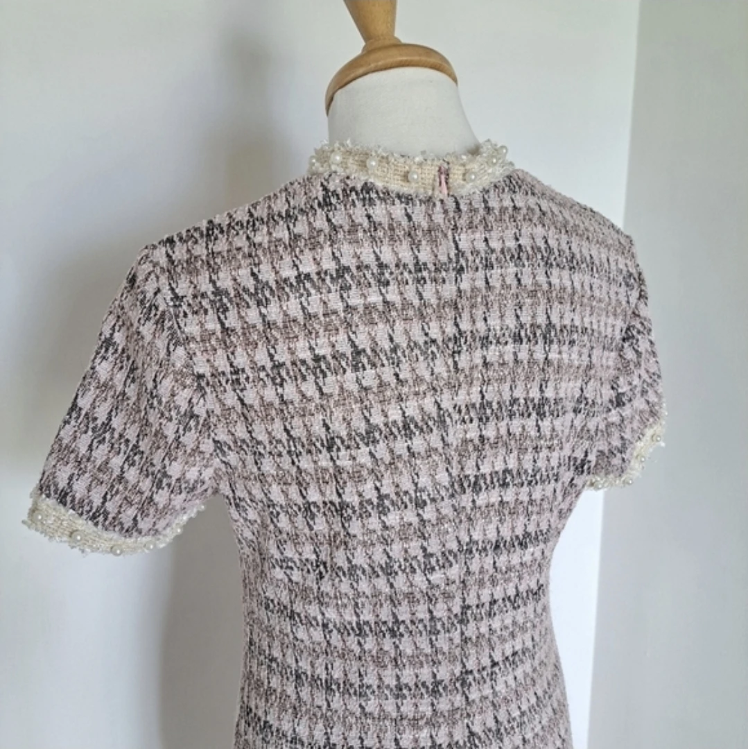 SHEIN Pink Houndstooth Tweed Mini Dress Pearl Lace Trim - photo 5